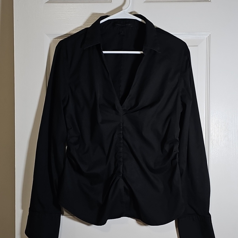 Express Rouched Pullover V-Neck Blouse Shirt Side Zip Top Black Size L